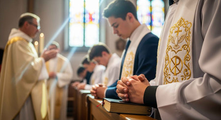 Group of men in religious attire praying at wooden pews in a church with stained glass windows.の写真素材