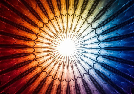 A dynamic ceiling with a colorful, geometric pattern radiating from a central light source.の写真素材