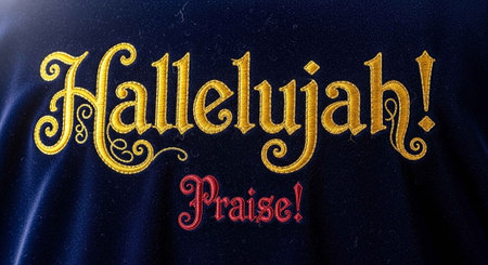 Ornate, gold and red text reading "Hallelujah! Praise!" on dark fabric.の写真素材