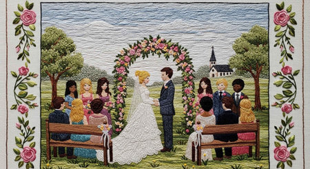 Detailed embroidery of a wedding ceremony with a floral arch, bride, groom, and seated guests in a garden setting.の写真素材