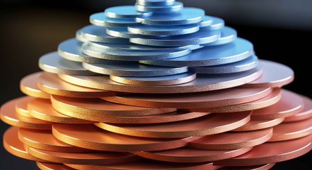 A close-up view of a pyramid-like stack of round metal discs in blue and copper colors.の写真素材