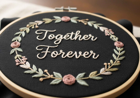 Black embroidery hoop with "Together Forever" text and floral wreath in pink and green.の写真素材