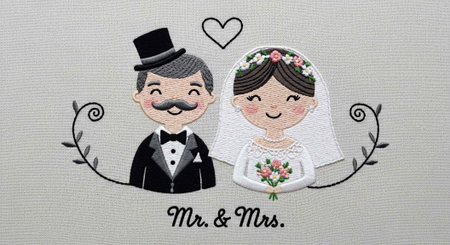 Whimsical cartoon bride and groom with bouquet and boutonniere, text "Mr. & Mrs."の写真素材