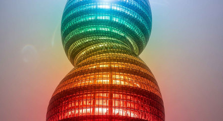 A tower with three stacked, rainbow-colored, wireframe spheres against a gradient sky.の写真素材