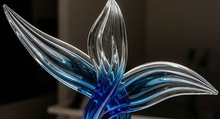 Close-up of a blue and clear glass flower sculpture with intricate petals.の写真素材