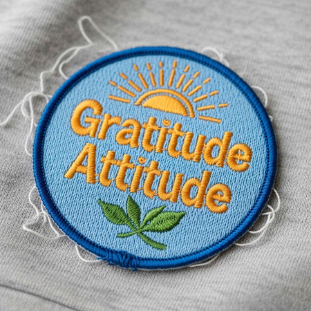 A round embroidered patch with a blue background, yellow sun, green leaf, and the phrase "Gratitude Attitude."の写真素材