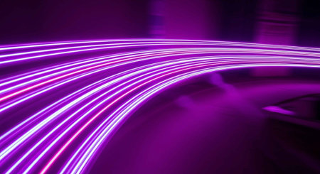 Dynamic, glowing purple light trails create a sense of movement and energy.の写真素材