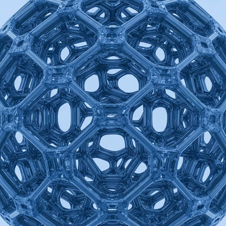 Close-up view of a complex, repeating blue geometric honeycomb structure.の写真素材