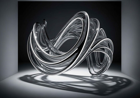 Intricate glass sculpture featuring intertwined, looping shapes on a dark background.の写真素材