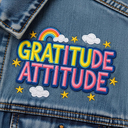 Bright, colorful patch with "Gratitude Attitude" text, rainbow, stars, and clouds on blue denim jacket.の写真素材