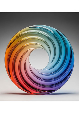 A mesmerizing spiral glass sculpture featuring a smooth gradient of vibrant colors.の写真素材