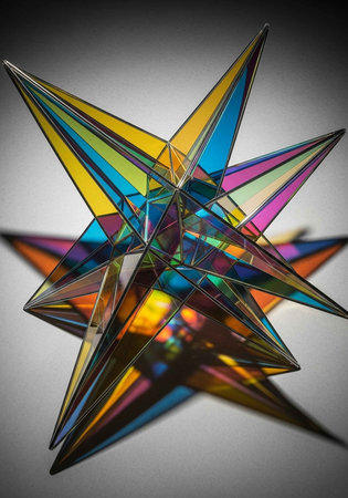 A close-up of a star-shaped glass object with iridescent colors, reflecting light and casting shadows.の写真素材