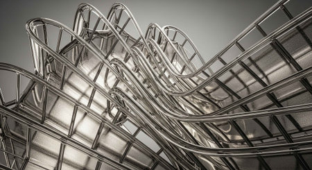 Intricate, wavy metal grid structure with reflective surface, black and whiteの写真素材