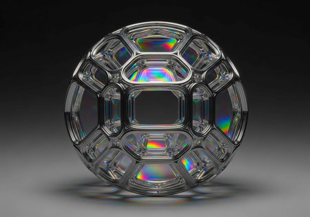A clear glass sphere composed of interlocking geometric shapes, reflecting light and creating prismatic effects.の写真素材