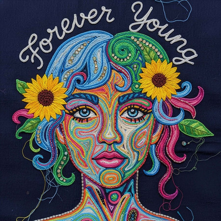 Intricate embroidery art featuring a colorful face with sunflowers and swirling hair on a dark background.の写真素材