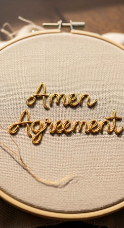 Close-up of gold thread embroidery spelling "Amen Agreement" on a light fabric hoop.の写真素材