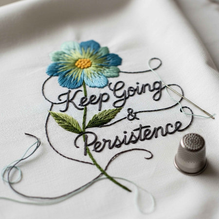 Close-up of embroidered blue flower with green stem and leaves, motivational text, and sewing needle with thimble on white fabric.の写真素材