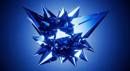 A close-up of a reflective blue geometric crystal starburst pattern.の写真素材