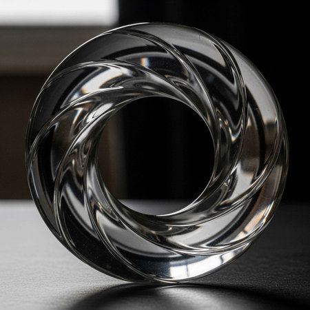 A clear glass spiral sculpture with smooth, reflective surfaces on a dark, textured background.の写真素材