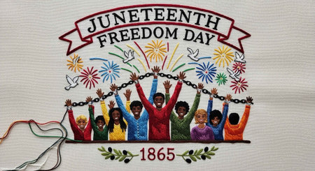 Colorful illustration of people breaking chains with fireworks, celebrating Juneteenth Freedom Day in 1865.の写真素材