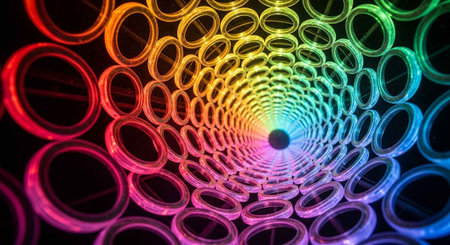 A mesmerizing array of colorful, illuminated tubes forming a circular, tunnel-like structure.の写真素材