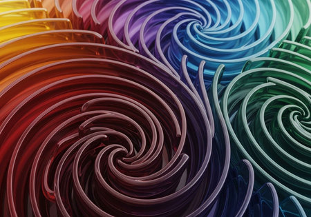 Dynamic, colorful swirls in a gradient of hues, creating an abstract, fluid art design.の写真素材