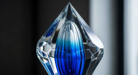 A close-up of a blue and clear crystal sculpture on a dark backgroundの写真素材