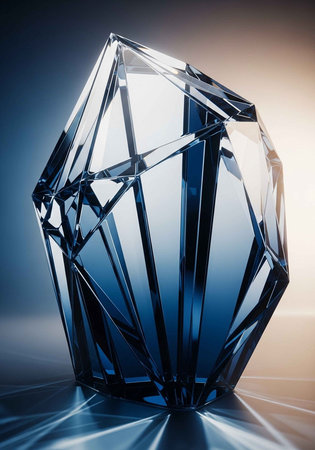 A large crystal object sitting on a reflective surface with a gradient backgroundの写真素材