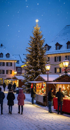 A festive Christmas market at night with people and a large treeの写真素材