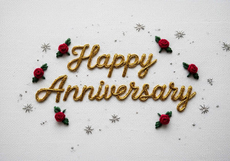 A beautiful Happy Anniversary message with red roses and gold textの写真素材