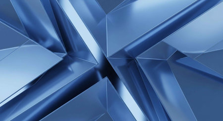 A close-up view of a shiny blue metallic surface with geometric shapesの写真素材