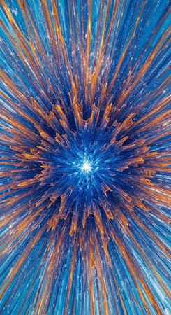 A vibrant abstract artwork featuring a bright blue and orange explosionの写真素材