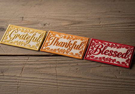 Three colorful tiles with grateful thankful blessed words on wooden tableの写真素材