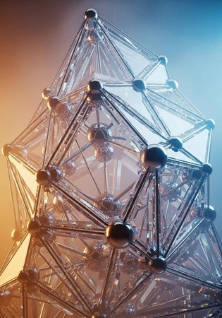 A futuristic molecular structure with interconnected nodes and beams against a gradient backgroundの写真素材
