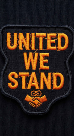 A close-up of a patch with the words United We Stand embroidered on itの写真素材