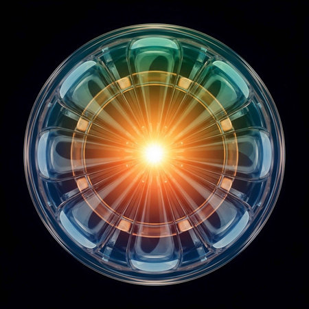 A vibrant and dramatic glowing orb with a radiant yellow centerの写真素材