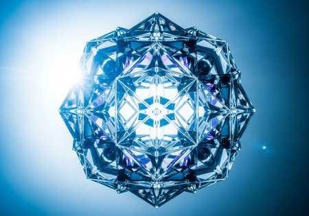 A stunning crystal geometric shape with intricate design and bright lightの写真素材
