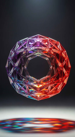 A vibrant crystal ring floats in mid-air with a dark backgroundの写真素材
