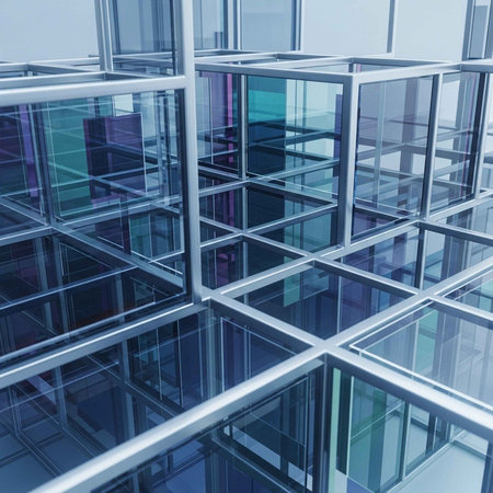 A modern glass building with a complex structure and reflective surfacesの写真素材