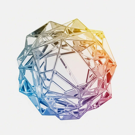 A colorful geometric glass sculpture with a rainbow of huesの写真素材