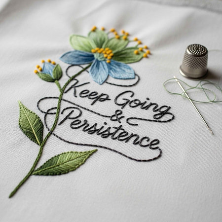 A beautifully embroidered floral design with a motivational quote on fabricの写真素材