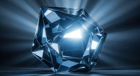A large blue diamond shines brightly with light rays emanating from itの写真素材