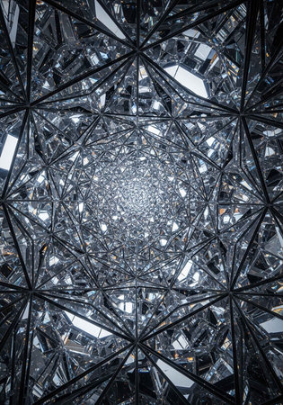 A stunning architectural interior with a complex geometric ceiling designの写真素材