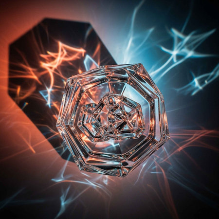 A crystal glass object with a hexagonal shape and glowing linesの写真素材