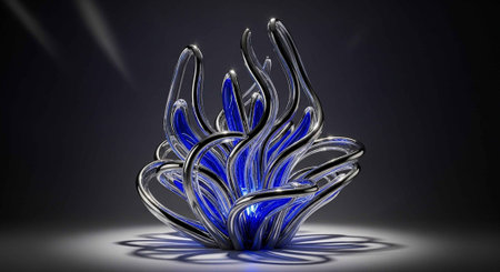 A stunning blue glass sculpture with intricate design and lightingの写真素材
