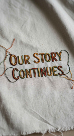 A close-up of embroidered text on a white fabric backgroundの写真素材