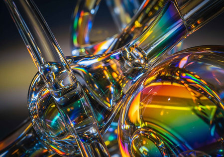 A close-up view of a colorful glass sculpture with iridescent reflectionsの写真素材