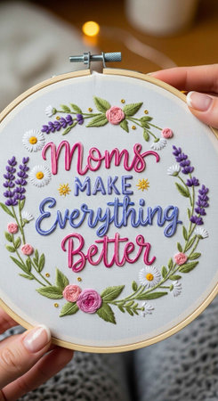 A person holding a beautifully embroidered hoop with a heartfelt message for mothersの写真素材