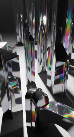 A futuristic room with shiny metallic sculptures and rainbow reflectionsの写真素材