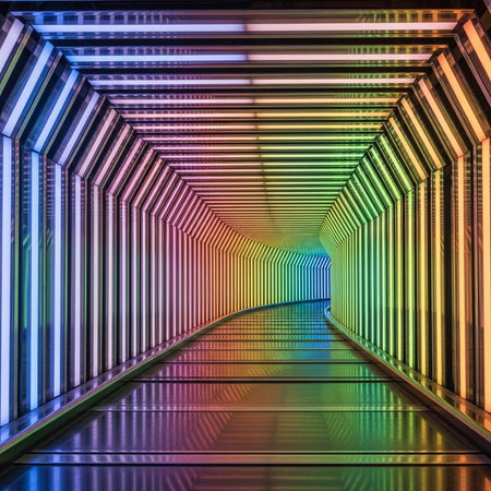 A vibrant rainbow-colored tunnel with a shiny floor and wallsの写真素材